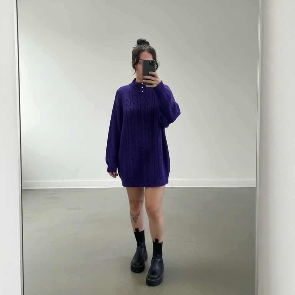 Vintage Jennifer Moore Purple Cable-Knit Button Mock Neck Pullover Sweater